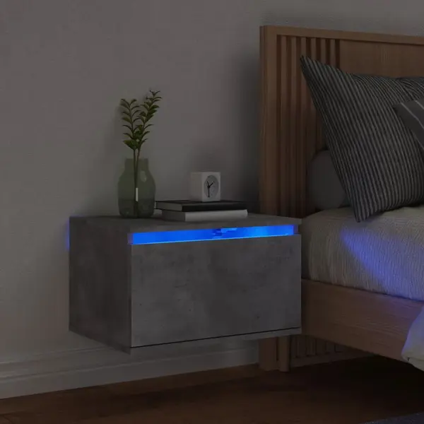 Gossi noptiera montata pe perete cu lumini led, gri beton