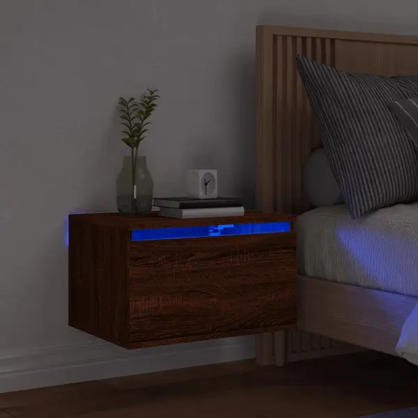 Gossi noptiera montata pe perete cu lumini led, stejar maro