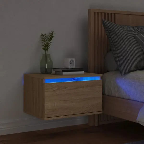 Gossi noptiera montata pe perete cu lumini led, stejar sonoma