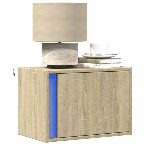 Gossi noptiera montata pe perete cu lumini led, stejar sonoma