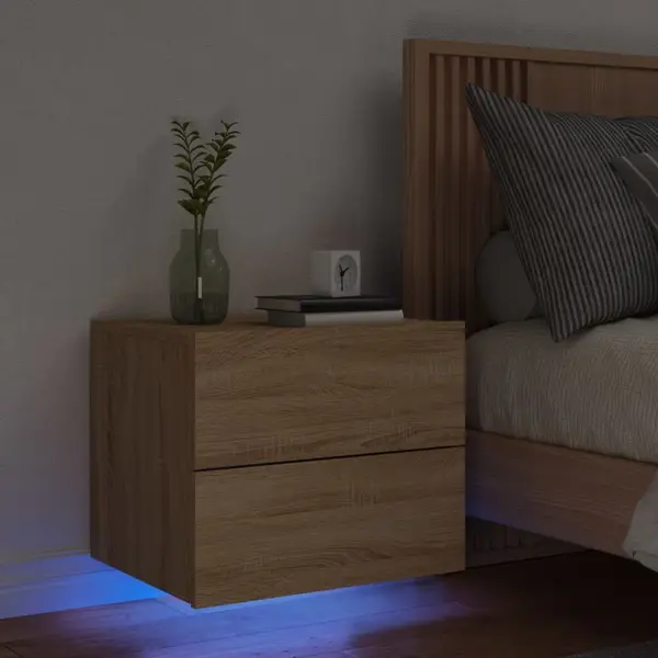 Gossi noptiera montata pe perete cu lumini led, stejar sonoma