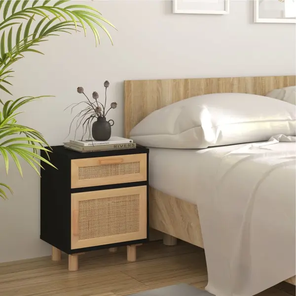 Gossi noptiera, negru, lemn masiv de pin si ratan natural