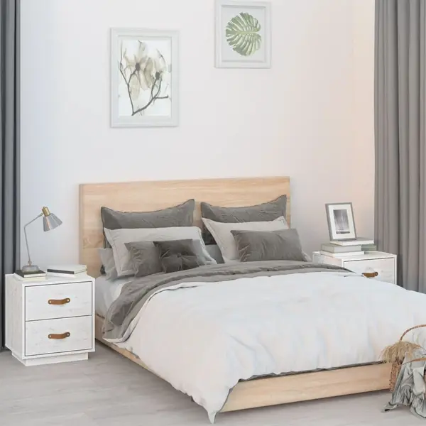 Gossi noptiere, 2 buc., alb, 40x34x45 cm, lemn masiv de pin