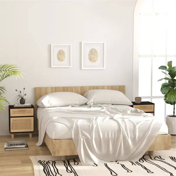 Gossi noptiere, 2 buc., alb, lemn masiv de pin si ratan natural