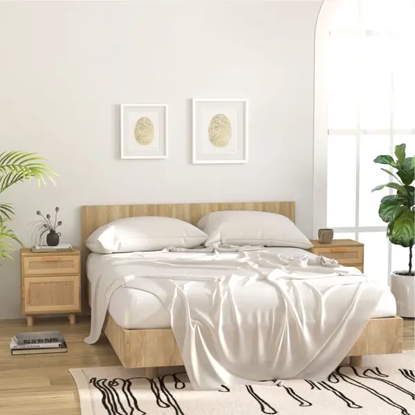 Gossi noptiere, 2 buc., maro, lemn masiv de pin si ratan natural