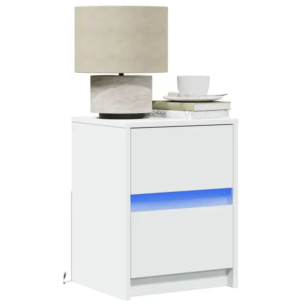 Gossi noptiere cu lumini led, 2 buc., alb, lemn prelucrat