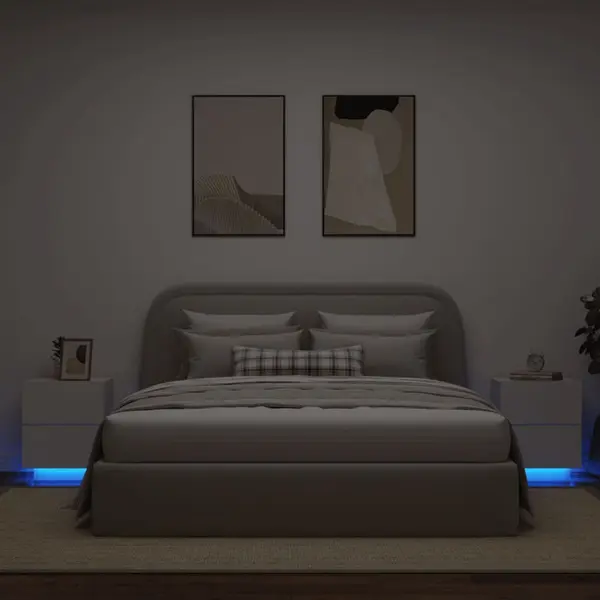 Gossi noptiere cu lumini led, 2 buc., alb, lemn prelucrat