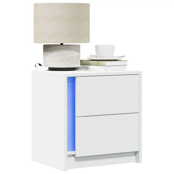 Gossi noptiere cu lumini led, 2 buc., alb, lemn prelucrat