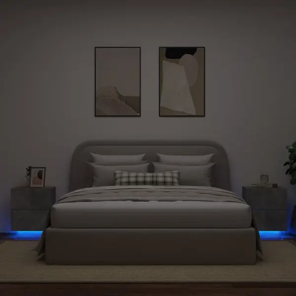 Gossi noptiere cu lumini led, 2 buc., gri beton, lemn prelucrat