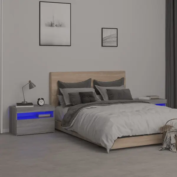 Gossi noptiere cu lumini led, 2 buc., gri sonoma, 60x35x40 cm