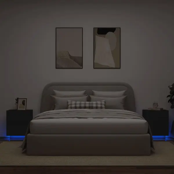 Gossi noptiere cu lumini led, 2 buc., negru, lemn prelucrat