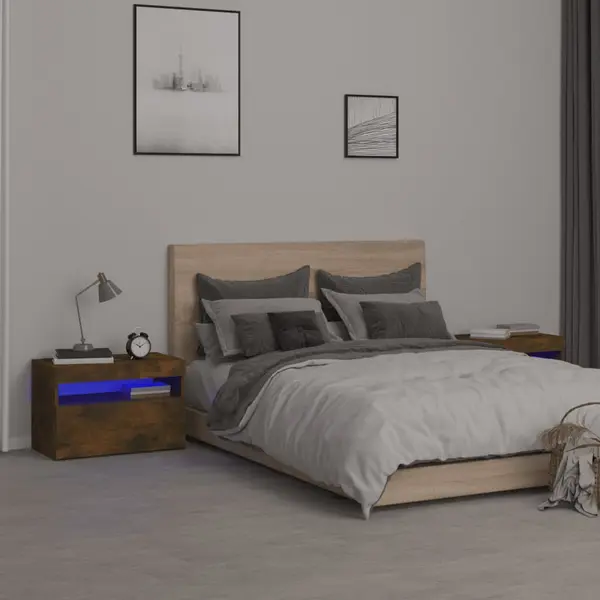 Gossi noptiere cu lumini led, 2 buc., stejar fumuriu, 60x35x40 cm
