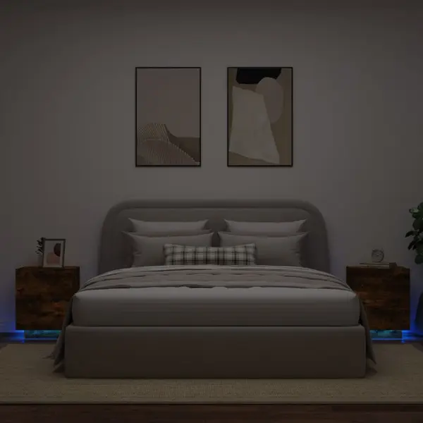 Gossi noptiere cu lumini led, 2 buc., stejar fumuriu, lemn prelucrat