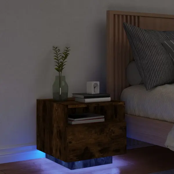 Gossi noptiere cu lumini led, stejar fumuriu, 40x39x37 cm