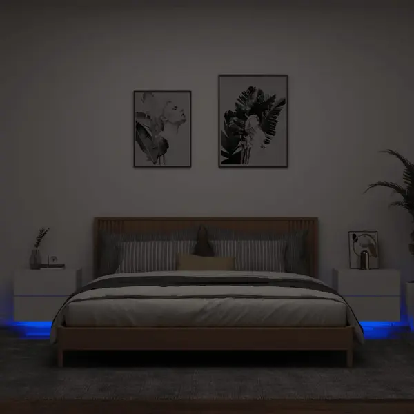 Gossi noptiere montate pe perete cu lumini led, 2 buc., alb