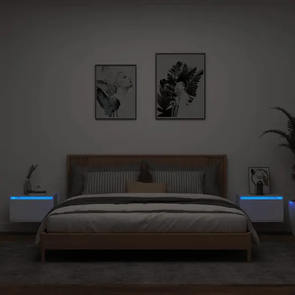 Gossi noptiere montate pe perete cu lumini led, 2 buc., alb
