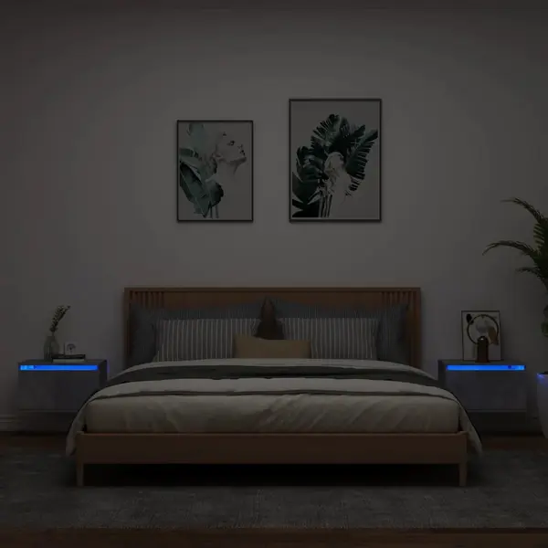 Gossi noptiere montate pe perete cu lumini led, 2 buc., gri beton