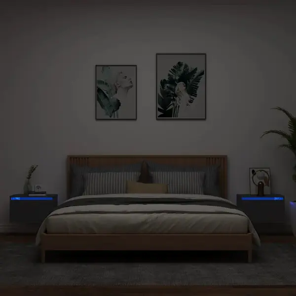 Gossi noptiere montate pe perete cu lumini led, 2 buc., negru