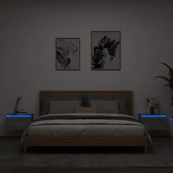 Gossi noptiere montate pe perete cu lumini led, 2 buc., sonoma gri