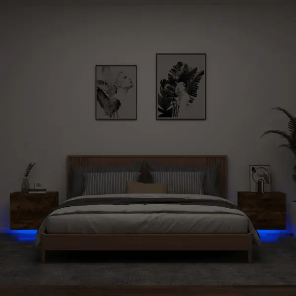 Gossi noptiere montate pe perete cu lumini led, 2 buc.,stejar fumuriu