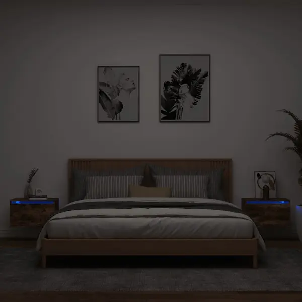 Gossi noptiere montate pe perete cu lumini led, 2 buc.,stejar fumuriu