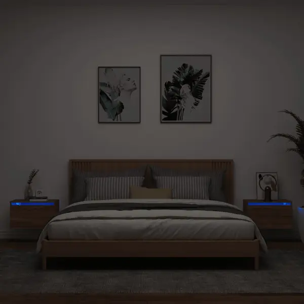 Gossi noptiere montate pe perete cu lumini led, 2 buc., stejar maro