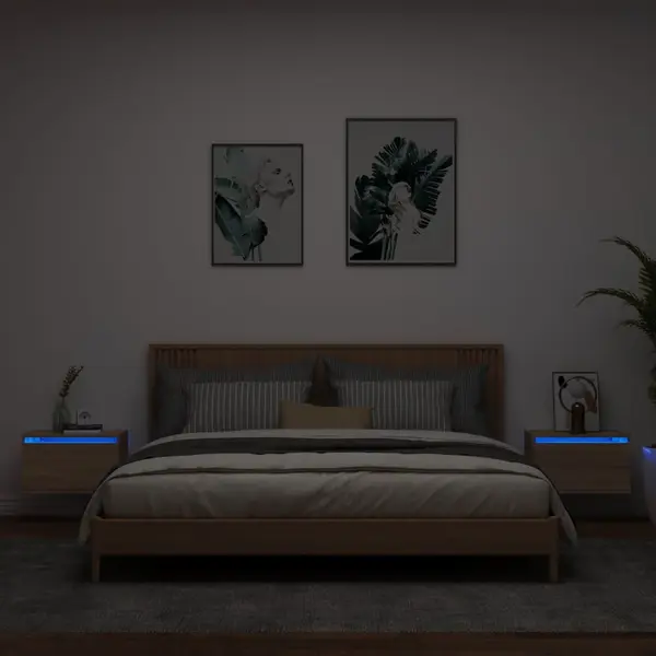 Gossi noptiere montate pe perete cu lumini led, 2 buc., stejar sonoma