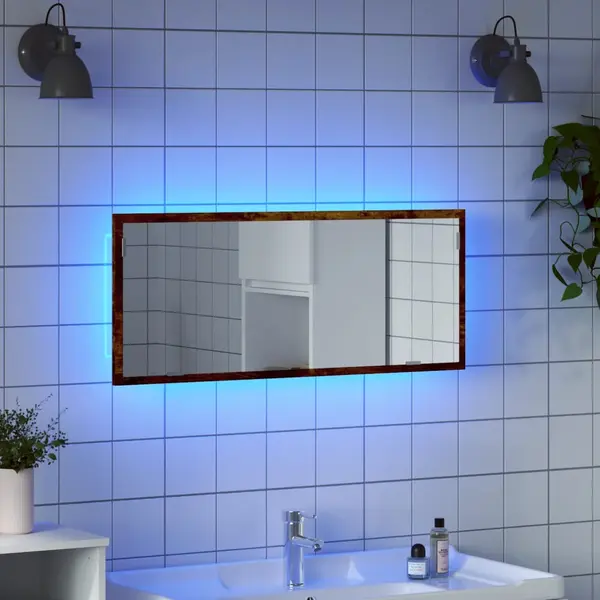 Gossi oglinda de baie led stejar fumuriu 100x8,5x37 cm lemn prelucrat