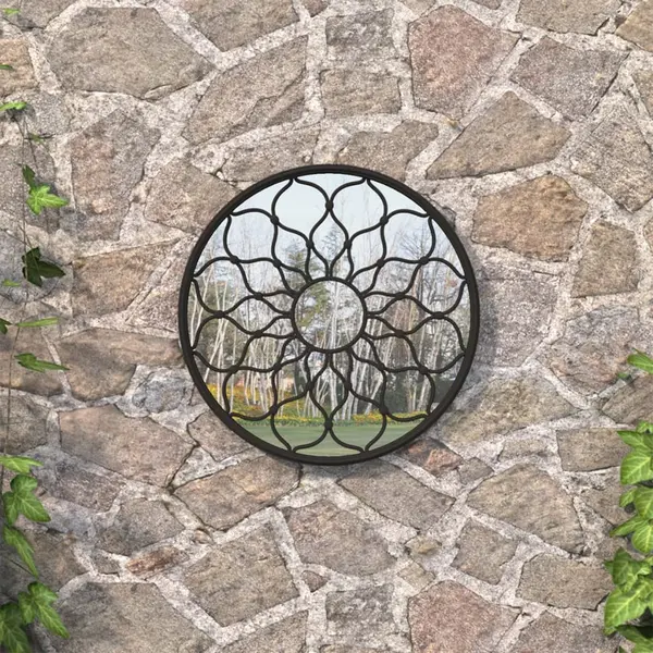 Gossi oglinda de gradina rotunda, negru, 40x3 cm, fier, uz exterior