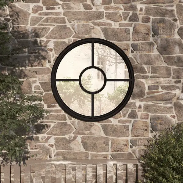 Gossi oglinda de gradina rotunda, negru, 40x4 cm, fier, uz exterior