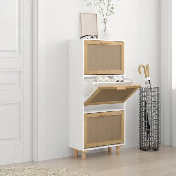 Gossi pantofar, alb, 52x25x115 cm, lemn prelucrat si ratan natural