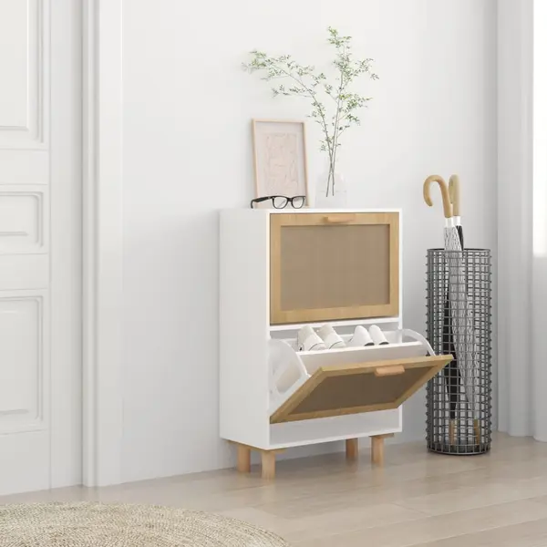 Gossi pantofar, alb, 52x25x80 cm, lemn prelucrat si ratan natural