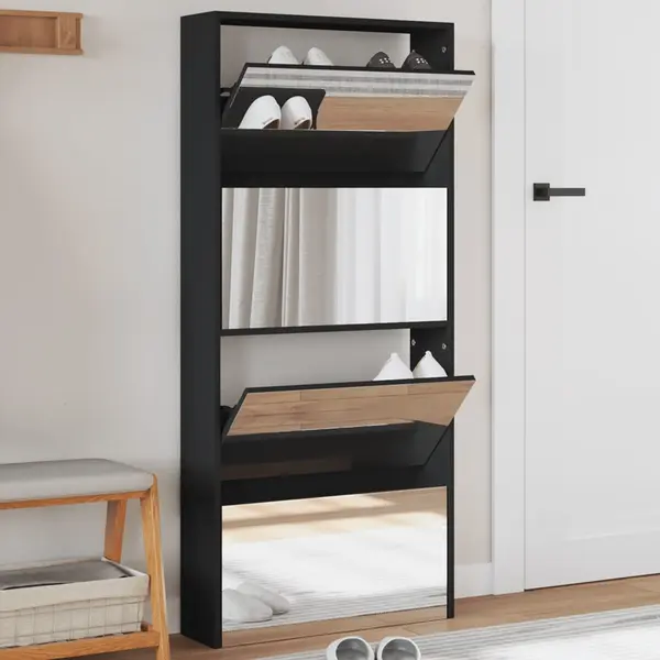 Gossi pantofar cu oglinda, 4 niveluri, negru, 63x17x134 cm