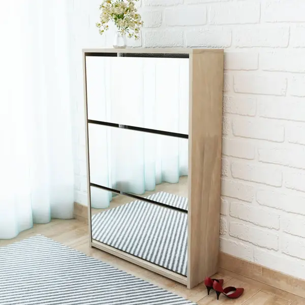 Gossi pantofar cu oglinda si 3 niveluri, stejar, 63 x 17 x 102,5 cm