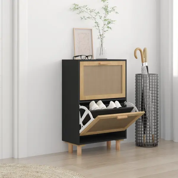 Gossi pantofar, negru, 52x25x80 cm, lemn prelucrat si ratan natural