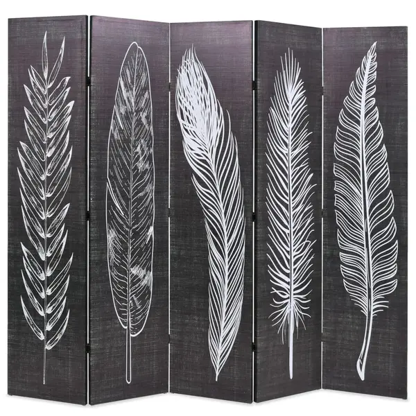 Gossi paravan camera pliabil, negru&alb, 200 x 170 cm, imprimeu pene