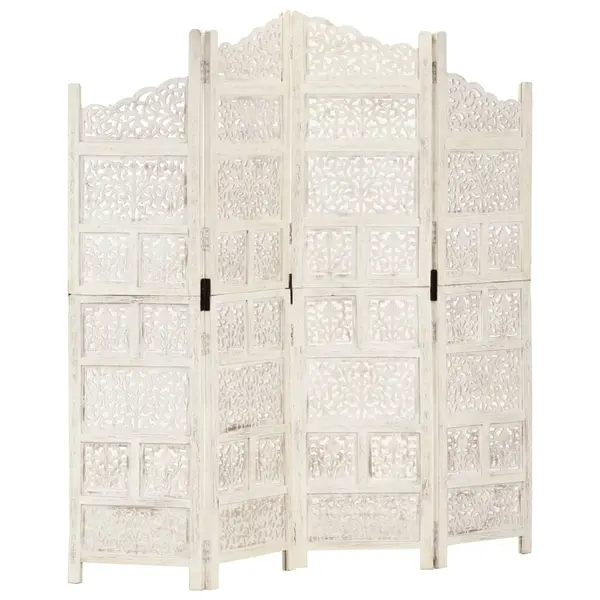 Gossi paravan camera sculptat manual, 4 panouri, alb 160x165 cm mango