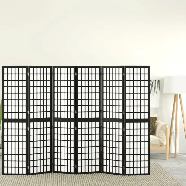 Gossi paravan pliabil cu 6 panouri, stil japonez, negru, 240x170 cm
