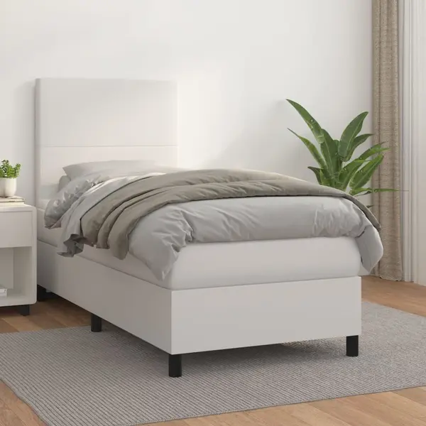 Gossi pat box spring cu saltea, alb, 100x200 cm, piele ecologica