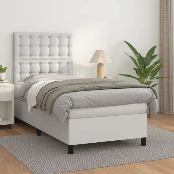 Gossi pat box spring cu saltea, alb, 100x200 cm, piele ecologica