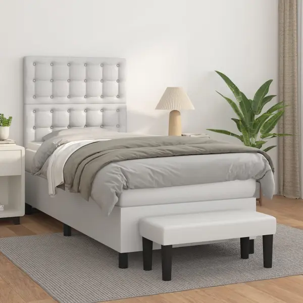 Gossi pat box spring cu saltea, alb, 100x200 cm, piele ecologica