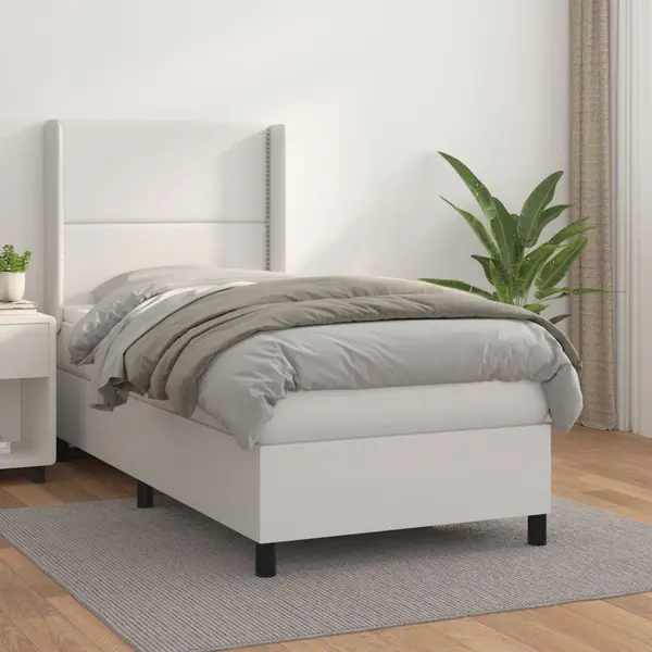 Gossi pat box spring cu saltea, alb, 100x200 cm, piele ecologica