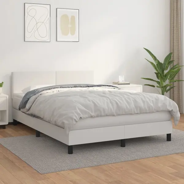 Gossi pat box spring cu saltea, alb, 140x190 cm, piele ecologica