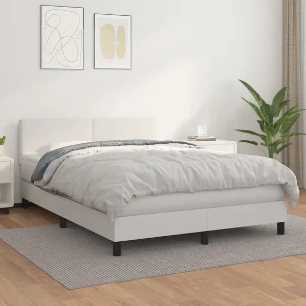 Gossi pat box spring cu saltea, alb, 140x200 cm, piele ecologica