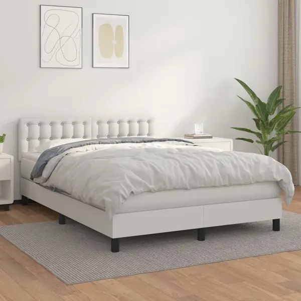 Gossi pat box spring cu saltea, alb, 140x200 cm, piele ecologica