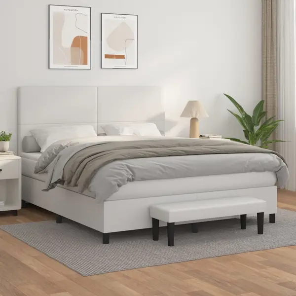 Gossi pat box spring cu saltea, alb, 160x200 cm, piele ecologica