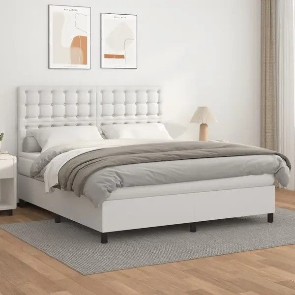Gossi pat box spring cu saltea, alb, 160x200 cm, piele ecologica