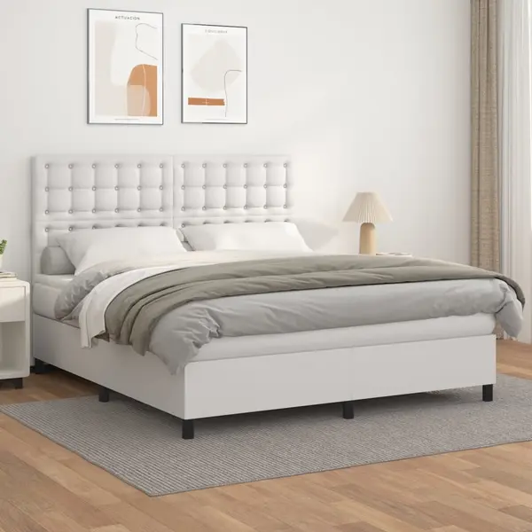 Gossi pat box spring cu saltea, alb, 180x200 cm, piele ecologica