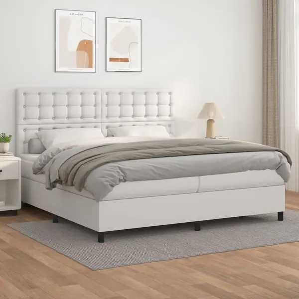 Gossi pat box spring cu saltea, alb, 200x200 cm, piele ecologica