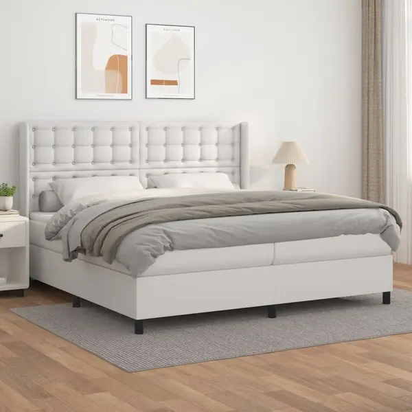 Gossi pat box spring cu saltea, alb, 200x200 cm, piele ecologica
